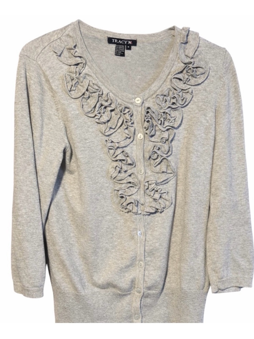 Tracy M Light Gray Ruffle Front Button Cardigan